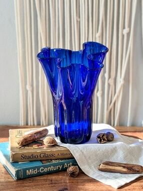 Artisan Cobalt Blue Hand-Blown Ruffled Glass Vase - 7” - MCM Style